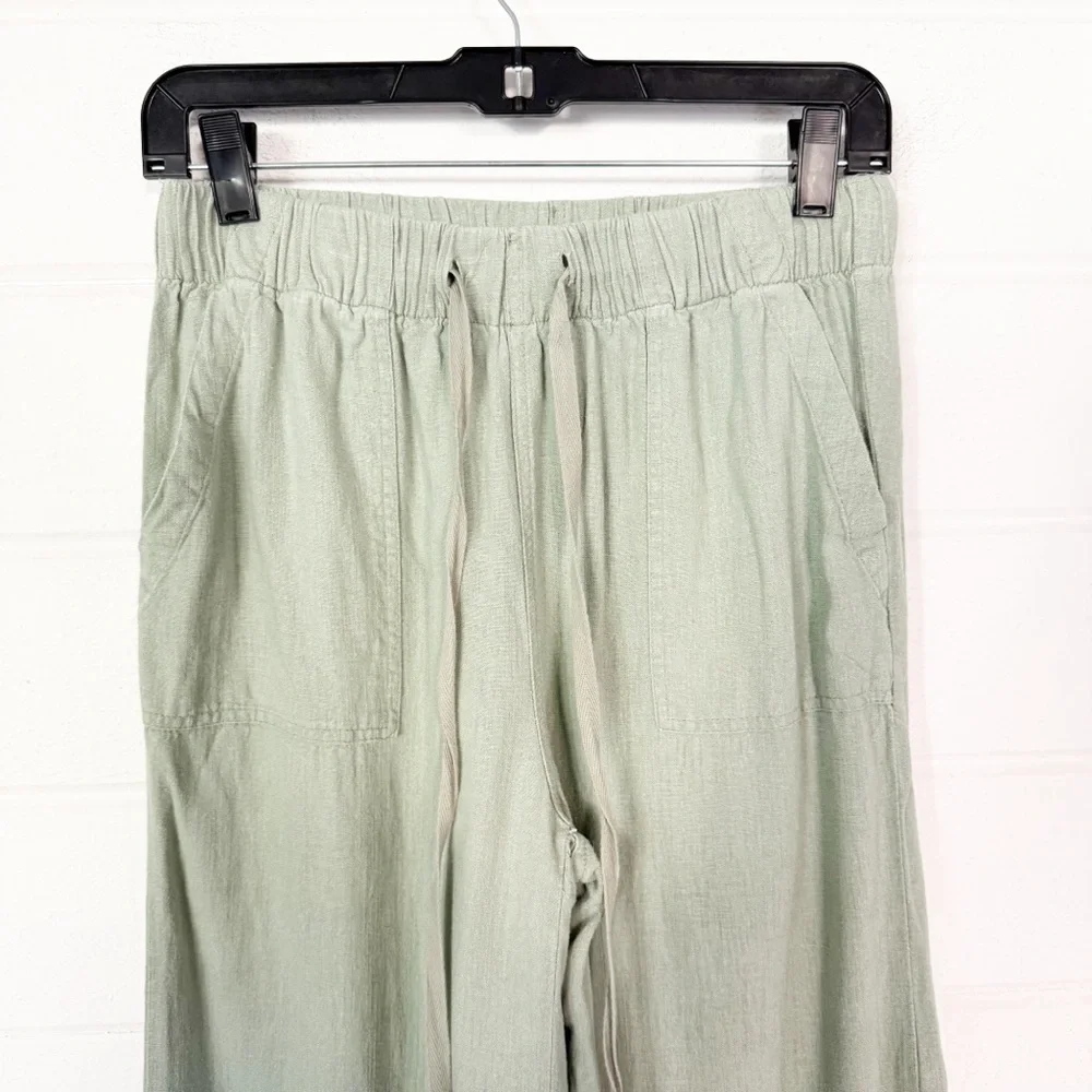 Thread & Supply High Waist Wide Leg Relaxed Fit Frayed Ankle Green Linen Pants M - Picture 5 of 8